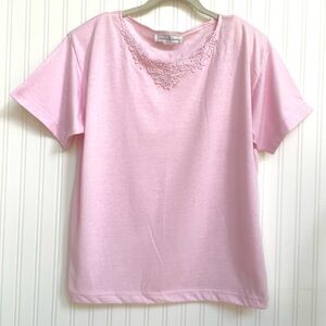 Vintage 90s Jessica Roberts Short Sleeve Top Pastel Pink Sz L Lace Eyelet Collar